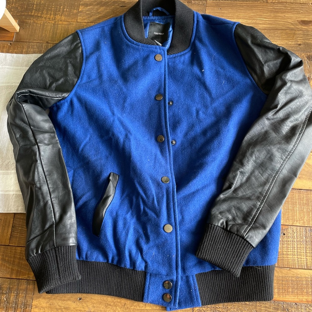 Blue Varsity Jacket with Pleather Sleeves